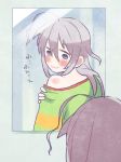  1girl ahoge bite_mark blush grey_eyes grey_hair hair_between_eyes hoshi_shouko idolmaster idolmaster_cinderella_girls kyo_(kyokuto016) light_smile long_hair looking_back mirror no_nose reflection shirt solo t-shirt upper_body 