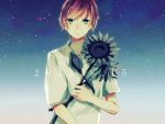  1boy artist_request blue_eyes dated flower holding holding_flower looking_at_viewer male redhead shirt sky star_(sky) starry_sky sunflower white_shirt 