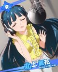  1girl blue_hair character_name closed_eyes hand_on_headphones headphones idolmaster idolmaster_million_live! kitakami_reika long_hair microphone music official_art open_mouth recording_studio singing smile 