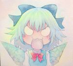  &gt;:3 1girl :3 angry blank_eyes blue_hair bow cirno hair_bow ice ice_wings open_mouth solo touhou traditional_media watercolor_(medium) wings yuyu_(00365676) 