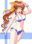  1girl ;d bikini blue_bikini blush bow bracelet breasts brown_hair cleavage gomamiso_sti hair_bow jewelry large_breasts long_hair looking_at_viewer one_eye_closed open_mouth orange_eyes original smile solo swimsuit very_long_hair wink 