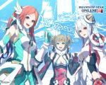  3girls ballistic_coat bare_shoulders breasts brown_hair cleavage cleavage_cutout echo_(pso2) long_hair looking_at_viewer matoi_(pso2) mikoto_cluster miraselia multiple_girls phantasy_star phantasy_star_online_2 pointy_ears quna_(pso2) red_eyes sega smile twintails 