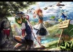 6+girls arm_ribbon arms_up belt bird_wings black_hair black_wings blonde_hair blue_dress blue_hair blue_sky bow closed_eyes clouds daiyousei dress fairy fairy_wings flying grass green_hair hair_bow hat hat_ribbon hiding ice ice_wings juliet_sleeves kneeling lake letterboxed long_sleeves luna_child mountain multiple_girls onozuka_komachi open_mouth outstretched_arms praying puffy_sleeves redhead ribbon scarlet_devil_mansion shameimaru_aya shiki_eiki shirt short_sleeves side_ponytail sign skirt sky smile star_sapphire statue stretch sunlight sunny_milk tokin_hat touhou tree urabe_michiru wings 