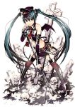 1girl bat_wings boots duplicate green_eyes green_hair hat hatsune_miku long_hair looking_at_viewer microphone microphone_stand peaked_cap skirt smile solo thigh-highs torigoe_takumi twintails very_long_hair vintage_microphone vocaloid wings 