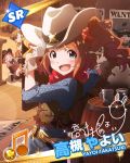  3girls beamed_quavers brown_hair card_(medium) character_name cowboy_hat fringe futami_mami gloves green_eyes hat idolmaster idolmaster_million_live! leather leather_gloves multiple_girls musical_note nonohara_akane official_art poster_(object) signature takatsuki_yayoi twintails 