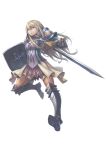  1girl absurdres armor blonde_hair blue_eyes gauntlets greaves highres long_hair original peahong shield simple_background solo sword weapon white_background 