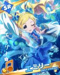  1girl ;d air_bubble blonde_hair character_name detached_sleeves dress emily_stewart emily_stuart hairband idolmaster idolmaster_million_live! jewelry long_hair looking_at_viewer musical_note official_art one_eye_closed open_mouth signature smile twintails underwater violet_eyes wink 