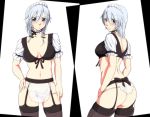  1girl apron ass back black_legwear blush braid breasts choker cleavage garter_belt garter_straps grey_eyes izayoi_sakuya maid maid_apron maid_headdress midriff navel neko_majin no_bra panties panty_pull ribbon_choker see-through short_sleeves silver_hair solo thigh-highs thong top touhou twin_braids underwear waist_apron white_panties 