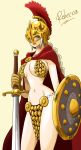  1girl armor bikini_armor blonde_hair blue_eyes breasts cape chainmail character_name cleavage dressrosa female gladiator gloves helmet highres large_breasts long_hair midriff navel one_piece rebecca_(one_piece) red_cape revealing_clothes shield simple_background solo sword warrior weapon whitehe-arts 