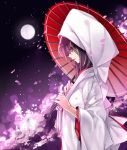  1girl alternate_costume full_moon hood houraisan_kaguya hug_(artist) hug_(yourhug) japanese_clothes kimono lipstick long_hair long_sleeves looking_at_viewer makeup moon night oriental_umbrella patchouli_knowledge petals pink_lipstick purple_hair sash solo touhou umbrella violet_eyes wide_sleeves yukata 