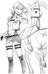  1girl animal belt boots christa_renz hair_between_eyes horse jacket knee_boots long_sleeves monochrome ponytail shingeki_no_kyojin strap thigh_strap yangsalt_(kibkibe) 