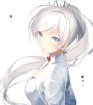  1girl artist_request blue_eyes cropped_jacket cyan_eyes dress high_collar long_hair ponytail rooster_teeth rwby side_ponytail smile solo tiara weiss_schnee white white_hair 