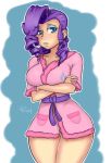  1girl blue_eyes breasts crossed_arms drill_hair flcl-prinny large_breasts makeup mole my_little_pony my_little_pony_friendship_is_magic nail_polish personification purple_hair rarity robe signature solo 