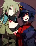  2girls :d asymmetrical_docking breast_press breasts brown_background emblem evil_smile fangs garchomp green_hair grey_eyes hair_over_one_eye hat large_breasts long_hair looking_at_viewer merlusa multiple_girls open_mouth parted_lips personification pokemon scar shaded_face simple_background smile smirk symmetrical_docking tyranitar upper_body yellow_eyes 