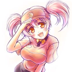  1girl blush breasts brown_hair clothes_writing employee_uniform fast_food_uniform hataraku_maou-sama! ina kuragari large_breasts open_mouth polo_shirt sasaki_chiho shirt smile solo taut_clothes taut_shirt twintails uniform visor_cap 