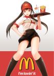 1girl black_hair clothes_writing french_fries hand_on_hip irohatori kneehighs looking_at_viewer mcdonald&#039;s open_mouth red_eyes shirt solo t-shirt tray visor_cap 