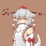  1girl animal_ears blush_stickers breasts colored cube85 detached_sleeves fang hat inubashiri_momiji md5_mismatch no_bra open_mouth orange_eyes sideboob silver_hair solo staring tail tokin_hat touhou upper_body wolf_ears wolf_tail 