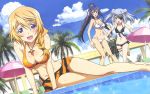  3girls barefoot bikini black_hair blonde_hair blue_eyes blush braid breasts charlotte_dunois cleavage clouds detexted dutch_angle eyepatch highres infinite_stratos jewelry komito_yukiyo laura_bodewig long_hair long_legs lowleg lowleg_bikini multiple_girls official_art outdoors palm_tree parasol pendant photoshop ponytail pool poolside red_eyes shinonono_houki silver_hair swimsuit tree twintails umbrella violet_eyes wallpaper water 