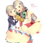  2girls apron arataka_(aramaru) ass bad_id bangs barefoot blush breasts child dirty dual_persona ear_protection gloves hair_ornament hairclip headset interlocked_fingers metal_gear_(series) metal_gear_rising:_revengeance metal_gear_solid metal_gear_solid_4 multiple_girls no_pants open_mouth panties parted_bangs plaid plaid_panties red_eyes short_hair silver_hair small_breasts smile striped striped_panties sunny_gurlukovich tank_top time_paradox translation_request underwear 