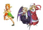  3girls bat_wings baton black_dress blonde_hair boots bow brown_eyes chamaji commentary_request dress elly fang frills hair_bow hair_ribbon hat hat_ribbon kurumi_(touhou) long_hair long_sleeves multiple_girls neck_ribbon no_socks ofuda orange_(touhou) orange_eyes orange_hair puffy_short_sleeves puffy_sleeves red_dress red_eyes ribbon scythe shoes short_hair short_sleeves shorts simple_background skirt suspender_skirt suspenders tearing_up touhou touhou_(pc-98) very_long_hair wings yellow_eyes 