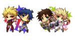  4boys aqua_eyes battle_tendency blonde_hair blue_eyes blue_hair bola_(weapon) boots brown_hair caesar_anthonio_zeppeli chibi dio_brando facial_mark fingerless_gloves gloves green_eyes headband ichika_(12264) jojo_no_kimyou_na_bouken jonathan_joestar joseph_joestar_(young) knee_pads male_focus midriff multiple_boys pauldrons phantom_blood red_eyes ribbon scarf sleeveless star_(symbol) striped striped_scarf 