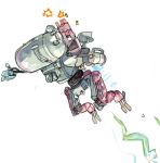  cannon explosion firing full_body hashimoto_shin hawken machinery mecha no_humans scout_(hawken) simple_background turret white_background 