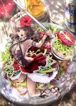  1girl alcohol arched_back armpits ass beer beer_can blue_eyes bracelet braid breasts brown_hair cross-laced_footwear dress flower frills hair_flower hair_ornament hibiscus jewelry large_breasts md5_mismatch no_bra no_panties open_mouth original personification ribbon rice salad solo spoon sumomo_kpa tomato 