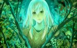 1girl blonde_hair bou_nin green green_eyes hair_between_eyes long_hair looking_at_viewer original parted_lips sakimori_(hououbds) solo tree 