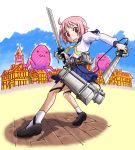  1girl nonohara_yuzuko open_mouth pink_eyes pink_hair school_uniform season_connection serafuku shingeki_no_kyojin shoes short_hair smile solo sword three-dimensional_maneuver_gear weapon yuyushiki 