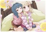  2girls bed blonde_hair blue_hair blush casual female flower furutani_himawari goyacchi hair_ornament hairband hairclip hand_on_another&#039;s_head hand_on_head hand_on_shoulder heart heart_print hood hoodie kneehighs legs_crossed long_hair multiple_girls oomuro_sakurako petals pillow short_hair sitting skirt smile striped sunflower yuri yuru_yuri 