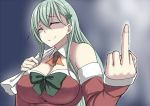  1girl alternate_costume aqua_hair ascot bare_shoulders bow bowtie breasts cleavage closed_mouth detached_collar detached_sleeves green_bow green_bowtie hair_ornament kantai_collection kinntarou large_breasts long_hair middle_finger sack santa_costume shaded_face smile solo suzuya_(kantai_collection) upper_body 