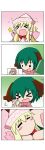  &gt;_&lt; /\/\/\ 2girls 4koma :d =_= absurdres animal_ears blonde_hair blush cheek_press chibi closed_eyes comic fairy_wings flying_sweatdrops green_hair hat highres kasodani_kyouko lily_white minigirl multiple_girls open_mouth rakugaki-biyori silent_comic smile tears touhou wings xd 