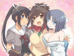  3girls :d asuka_(senran_kagura) asymmetrical_docking bare_shoulders black_hair blue_eyes blue_hair breast_press breasts brown_eyes brown_hair cardigan cleavage female girl_sandwich homura_(senran_kagura) japanese_clothes kimono long_hair mizuki_(koko_lost) multiple_girls open_mouth ponytail sandwiched school_uniform senran_kagura senran_kagura_(series) senran_kagura_shinovi_versus serafuku short_hair smile sweater_vest yumi_(senran_kagura) 