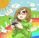  1girl :d brown_eyes brown_hair copyright_name envelope glasses green_shirt handheld_game_console hat kuwabaa motion_lines nikki_(swapnote) nintendo_3ds open_mouth rainbow red-framed_glasses ribbed_sweater shirt short_hair short_twintails smile sun swapnote sweater top_hat turtleneck twintails 