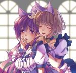  2girls :p alice_margatroid alternate_costume animal_ears apron blonde_hair breasts choker closed_eyes crescent crescent_hair_ornament enmaided fake_animal_ears hair_ornament kemonomimi_mode knife long_hair maid maid_apron multiple_girls patchouli_knowledge purple_hair rainbow2319682 reflection short_hair smile tears tongue tongue_out touhou violet_eyes window yuri 