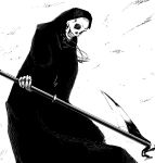  death_(entity) grim_reaper grin hood monochrome no_humans sawasawa scythe skull smile solo 