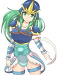  1girl armor fire_emblem fire_emblem:_akatsuki_no_megami green_eyes green_hair helmet himuyoshiki long_hair looking_at_viewer nephenee pauldrons simple_background smile solo thighs white_background 