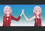  2girls absurdres bare_shoulders blush collarbone dual_persona frown guilty_crown hair_ornament hairclip hands_up highres holding interlocked_fingers jewelry letterboxed light_smile long_hair looking_at_viewer multiple_girls necklace official_art pink_hair red_eyes sample simple_background twintails upper_body yuzuriha_inori 