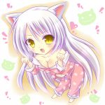  1girl animal_ears bakemonogatari barefoot black_hanekawa breasts cat_ears chibi cleavage fang hanekawa_tsubasa highres long_hair monogatari_(series) pajamas solo wakaba0801 white_hair yellow_eyes 