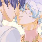  1boy 1girl akutsu_(yuumi) blue_hair closed_eyes couple hetero incipient_kiss lowres multicolored_hair nia_teppelin simon smile tengen_toppa_gurren_lagann two-tone_hair 