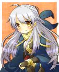  1girl cape elbow_gloves fingerless_gloves fire_emblem fire_emblem:_akatsuki_no_megami gloves half_updo long_hair micaiah nintendo oruga_(oruoruga) ribbon silver_hair smile solo yellow_eyes 