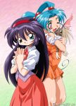  2girls amano_misao_(pretty_sammy) aqua_eyes artist_request black_hair blue_hair dress female forehead_jewel green_eyes hair_ornament hairband hug kawai_sasami long_hair looking_at_viewer mahou_shoujo_pretty_sammy masaki_sasami_jurai multiple_girls official_art open_mouth pink_eyes red_eyes ryou-ouki skirt smile source_request tenchi_muyou! twintails vest wink 