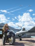  1girl aircraft airplane blonde_hair blue_sky clouds condensation_trail evokid fighter_jet ground_vehicle hangar helmet highres jacket jet military military_vehicle motor_vehicle motorcycle original realistic signature sky solo vehicle 