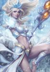  1girl barefoot blonde_hair blue_eyes gloves janna_windforce league_of_legends long_hair magic midriff pointy_ears solo staff stanley_lau 