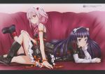  2girls absurdres animal_ears bare_shoulders boots bracelet capri_pants dress guilty_crown hair_ornament hairclip hand_on_own_cheek hand_on_own_face highres itagaki_atsushi jewelry katou_hiromi long_hair looking_at_viewer lying multiple_girls official_art on_stomach pants pink_hair purple_hair red_eyes robot_ears sample short_hair sitting smile tsugumi_(guilty_crown) violet_eyes yuzuriha_inori 