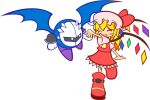  1girl bat_wings blonde_hair blush boots crossover crystal dress flandre_scarlet full_body hand_holding hat kirby_(series) mask meta_knight mob_cap puyopuyo puyopuyo_fever red_dress running smile touhou white_background wings y&amp;k yellow_eyes 