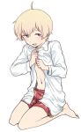  1boy ahoge blonde_hair blush boxers child haru_(tsuritama) male_focus naruko_(nalcoro) open_clothes open_mouth open_shirt shirt short_hair smile solo tsuritama underwear undressing violet_eyes 