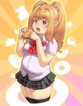  1girl anepiza-senpai anepizza-senpai belly black_legwear blonde_hair borrowed_character breasts brown_eyes eating food hair_intakes hamburger lips long_hair maou_alba miniskirt original pinky_out pleated_skirt plump scrunchie skirt solo sweatdrop thick_thighs thigh-highs thighs twintails 