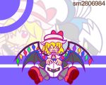  1girl :d ^_^ ^o^ bat_wings blush closed_eyes crossover crystal demon_wings flandre_scarlet happy kirby_(series) mask meta_knight open_mouth parody puffy_short_sleeves puffy_sleeves puyopuyo puyopuyo_fever shoe_soles short_sleeves simple_background smile style_parody touhou white_background wings y&amp;k yellow_eyes 