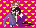  2girls beanie blonde_hair boots brown_hair denim dual_persona green_eyes hat heart heart_background high_heel_boots high_heels hug jacket jeans kikuzo multiple_girls pants ponytail saints_row saints_row:_the_third selfcest shaundi tank_top yuri 